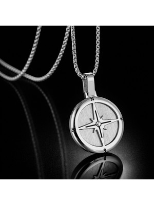 Siyah ve Gümüş Seçenekli Paslanmaz Çelik Modern Minimal Tasarım Pusula Erkek Kolye