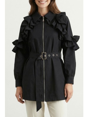 Soul Kadın Önü Fermuarlı Volan Detaylı Trenç - 32456TRC