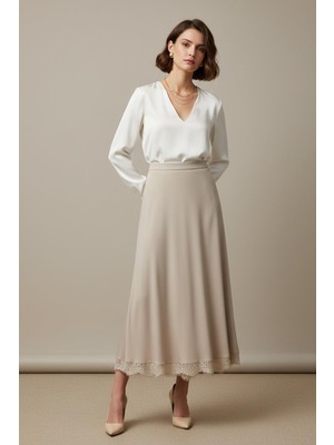 Puane Kadın Etek Ucu Dantelli Açılımlı Uzun Etek – 18288ETK