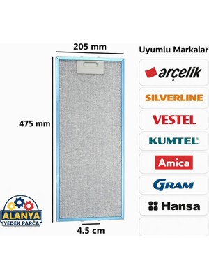 Hgnm E-Trading 205X474 mm Davlumbaz Filtresi Ankastre Aspiratör Alüminyum Metal Ocak Yağ Filtresi Teli E27 Kumtel, Beko, Arçelik, Silverline