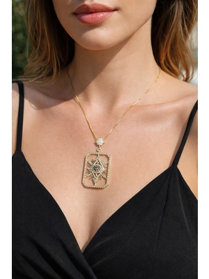 Xuping Kadın Gold Renk Zirkon Taşlı Dikdörtgen Plaka Göz Kolye