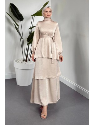 Merven Akyüz Velora Kat Kat Saten Elbise Krem