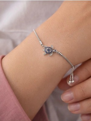 Reiz Gümüş Renk Zirkon Taşlı Asansörlü Ayarlanabilir Kaplumbağa Model Bileklik