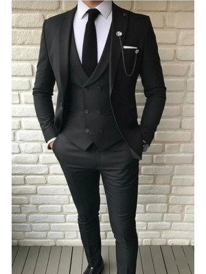 My Vintage Siyah Dar Kesim Slim Fit Düz Siyah Kumaş Takım Elbise .(Kravat Mendil ve Yaka Süsü Hediye )