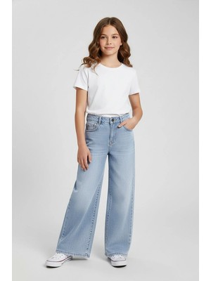Magu Kız Çocuk Pamuklu Açık Mavi Geniş Paça Jean Pantolon