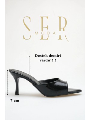 Sermoda Topuklu Kadın Terlik - 7 cm Ince Topuklu Sivri Burun Kadın Terlik Siyah Yanki