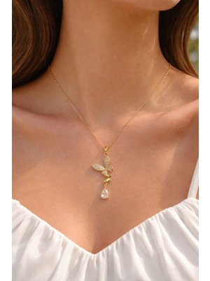 Xuping Kadın Gold Renk Zirkon Taşlı Kelebek Figürlü Damla Baget Detaylı Çelik Kolye