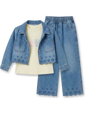 Ecolkız Bayramlık %100 Pamuk Kız Çocuk Kot Takım 3 Parça Ceket Pantolon Üst Love Baskılı Şık Kombin