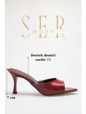 Sermoda Topuklu Kadın Terlik - 7 cm Ince Topuklu Sivri Burun Kadın Terlik Bordo Rugan