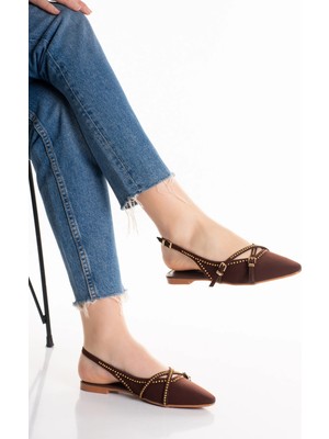 MFT Ayakkabı Kadın Kahverengi Zımba Detaylı Kemerli Sivri Burunlu Babet
