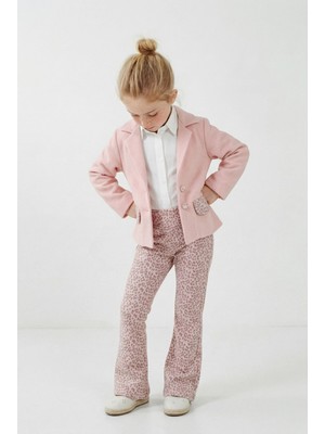 Magu Kız Çocuk Pamuklu Pudra Leopar Desenli Ceketli Gömlekli Pantolon Takım