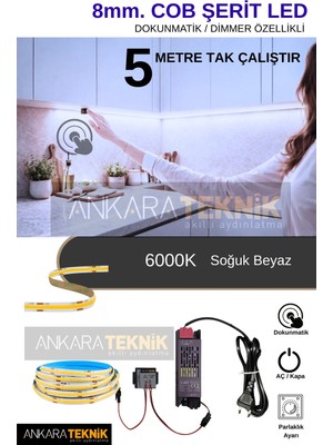 8mm Cob LED Şerit Set Dokunmatik Dimmerli Trafolu Tak-Çalıştır (5 Metre)
