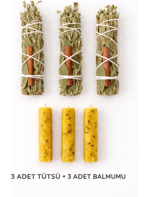 Lethe Studio Design 3’lü Doğal Adaçayı Tütsü Seti + 3 Adet %100 Balmumu Mum – Defne & Tarçınlı Ritüel Seti