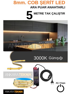 8mm Cob LED Şerit Set Anahtarlı Trafolu Tak-Çalıştır 5m