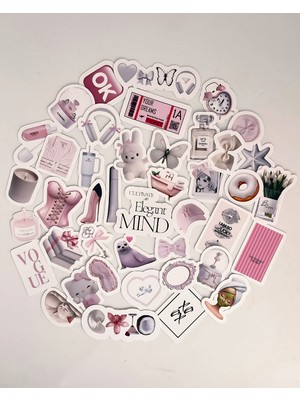 Beyaz Pudra Pembe Clean Girl Sticker Set Journal Ajanda Laptop Telefon Etiket Çıkartma