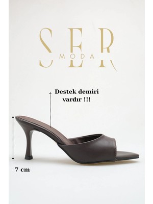 Sermoda Topuklu Kadın Terlik - 7 cm Ince Topuklu Sivri Burun Kadın Terlik Kahve