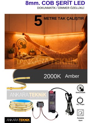 8mm Cob LED Şerit Set Dokunmatik Dimmerli Trafolu Tak-Çalıştır (5 Metre)