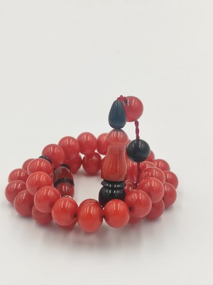 Usta Işcilikli Kırmızı Ateş  Kehribar Tesbih 10 mm Küre  Kesim Takımlı Sistemli