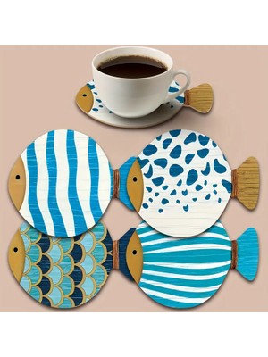 Lodos 4 Adet Ahşap Balık Şeklinde Bardak Altlığı Ev, Bar, Ofis, Tatil Dekoru Için Masaya Uygun