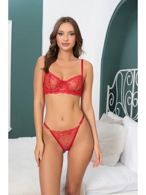 Noches Kırmızı Kalp Detaylı Brode Sütyen Tanga Takım