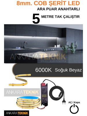 8mm Cob LED Şerit Set Anahtarlı Trafolu Tak-Çalıştır 5m