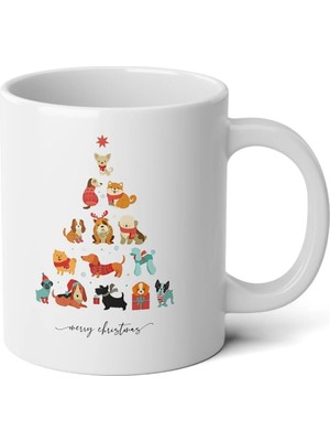 Ivart Yılbaşı Ağacı Köpekler Tasarım Baskılı Premium Beyaz Porselen Kupa Bardak -Yılbaşı Hediyesi