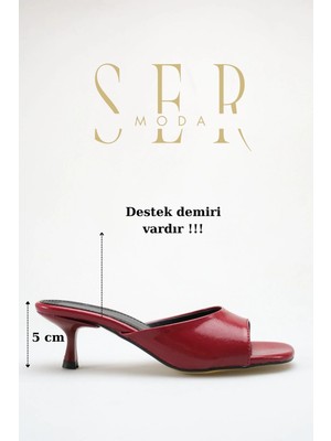 Sermoda Topuklu Kadın Terlik - 5 cm Ince Topuklu Küt Burun Kadın Terlik Bordo Yanki