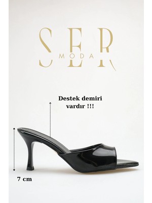 Sermoda Topuklu Kadın Terlik - 7 cm Ince Topuklu Sivri Burun Kadın Terlik Rugan Siyah