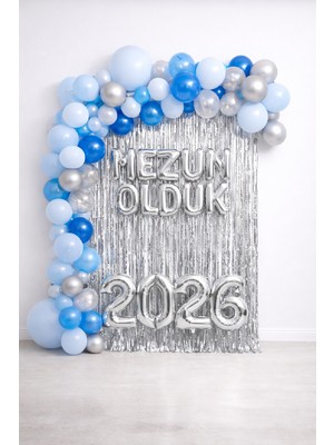 Premium Mavi Gümüş Mezuniyet Parti Seti 2026 – Mezun Olduk Arka Fonlu Balon Zincirli Konsept