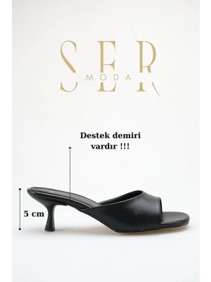 Sermoda Topuklu Kadın Terlik - 5 cm Ince Topuklu Küt Burun Kadın Terlik Siyah
