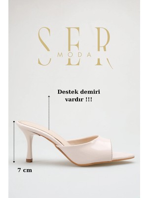 Sermoda Topuklu Kadın Terlik - 7 cm Ince Topuklu Sivri Burun Kadın Terlik Ten Rugan