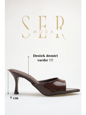 Sermoda Topuklu Kadın Terlik - 7 cm Ince Topuklu Sivri Burun Kadın Terlik Rugan Kahve