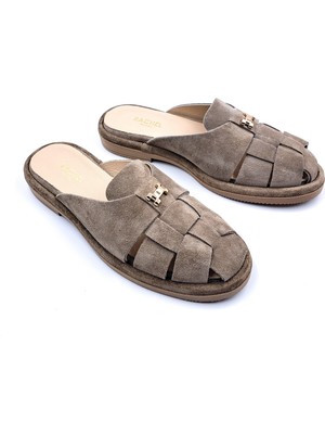 Rachel R40254 Hakiki Süet Deri Bej Renk Burnu Kapalı Kadın Sabo Terlik