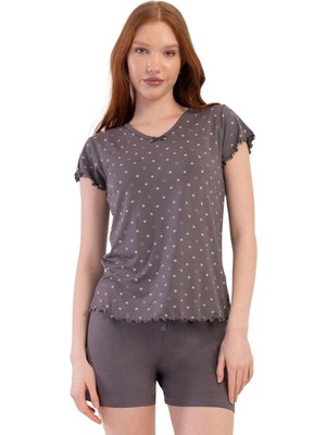 Vienetta Likralı Viskon Battal V Yaka Kısa Kol Eteği Oval Ş Füme - 4xl