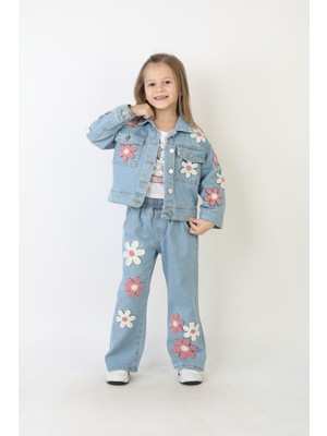 Butik Kız Çocuk Papatya Nakışlı Kot Ceket ve Pantolon Takım