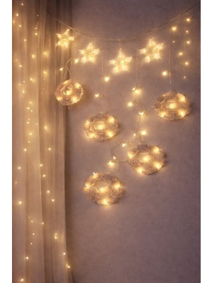 Nemere 3mt Fişli - Eklemeli Ramazan Dekor Lamba - Perde LED Sarı Beyaz Yuvarlak Cami - Yıldız Ekl-09-0