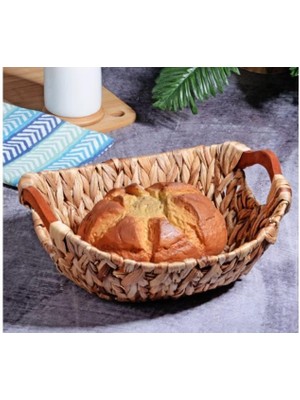Nacario Kosova Wicker Serisi Bezli Oval Ahşap Kulplu Hasır Ekmek Sepeti