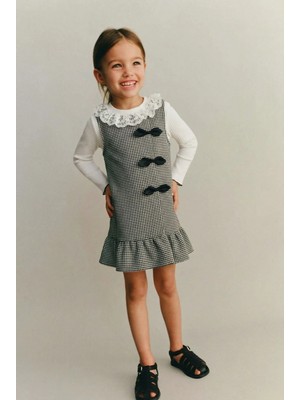 Magu Kız Çocuk Pamuklu Siyah Kazayağı Desenli Dantel Yaka Elbise