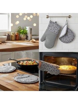 Nacario Silikon Fırın Eldiveni ve Tutacak Seti (2 Parça) - Yüksek Dayanıklı Komple Silikon Kavrama Yüzeyli Mutfak Eldiveni (Gri Desenli)