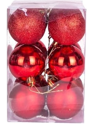 Nacario Yılbaşı Topu Simli Mat Parlak 12'li Set Kırmızı 6 Cm.