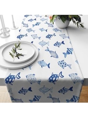 Nacario Beyaz Mavi Balıklar Desenli Yıkanabilir Dekoratif Masa Örtüsü Runner Beyaz 40 x 140