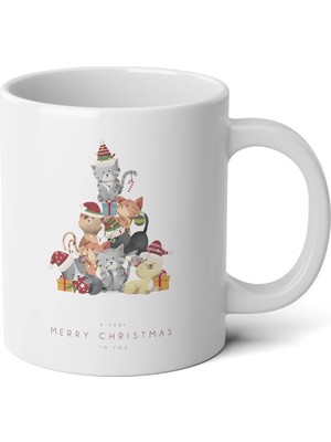 Ivart Yılbaşı Kedili Ağaç Tasarım Baskılı Premium Beyaz Porselen Kupa Bardak -Yılbaşı Hediyesi