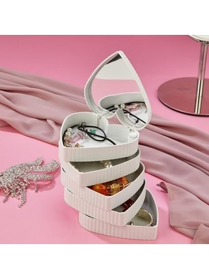 Nacario Çizgili Desenli Kalpli Mina 5 Katlı Aynalı Takı Organizeri Aynalı Takı Organizeri (Beyaz)