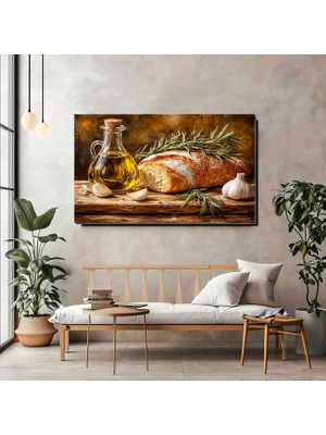 Artprinta Zeytinyağı, Ekmek ve Sarımsak Temalı Kanvas Tablo – Rustik Mutfak Duvar Dekoru