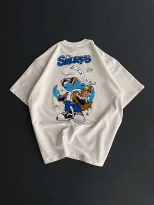 Aesco Ön ve Arka Baskılı Oversize Bisiklet Yaka T-Shirt- Beyaz