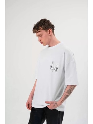Aesco Unisex Bisiklet Yaka Baskılı Oversize T-Shirt - Beyaz