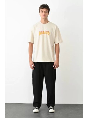 Aesco Unisex Bisiklet Yaka Baskılı Oversize T-Shirt - Beyaz