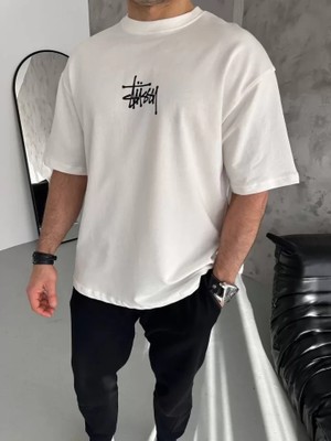 Aesco Unisex Bisiklet Yaka Baskılı Oversize T-Shirt - Beyaz