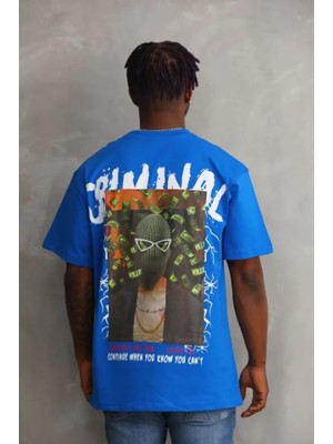 Aesco Unisex Baskılı Oversize T-Shirt - Mavi