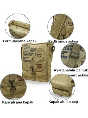 Nacario Old Cargo 8184 Salaş Kanvas Omuz Postacı Laptop Okul Seyahat Günlük Pamuklu Çanta (Açık Camel)